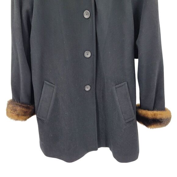 Vintage 80s Black Wool Coat 2X Faux Fur Hood Cuffs Button Front USA City Classic - Picture 6 of 11